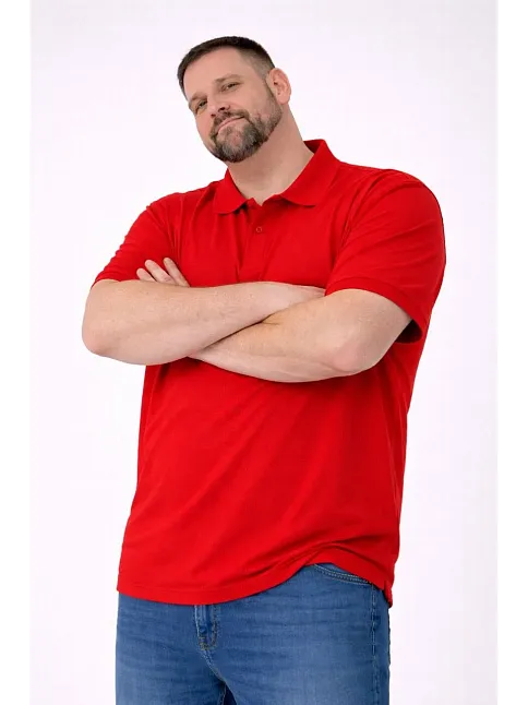 Erkek Pike Kumaş Düğmeli Yaka Battal Büyük Beden Günlük Kısa Kol Tişört T-shirt - Kırmızı