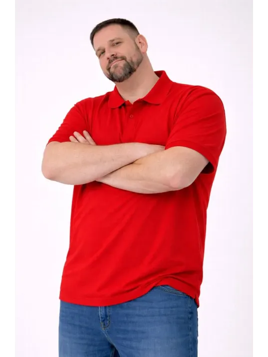 Erkek Pike Kumaş Düğmeli Yaka Battal Büyük Beden Günlük Kısa Kol Tişört T-shirt - Kırmızı