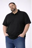 Erkek Pike Kumaş Düğmeli Yaka Battal Büyük Beden Günlük Kısa Kol Tişört T-shirt - Siyah