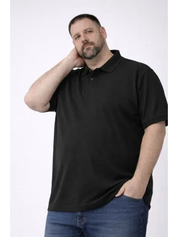 Erkek Pike Kumaş Düğmeli Yaka Battal Büyük Beden Günlük Kısa Kol Tişört T-shirt - Siyah