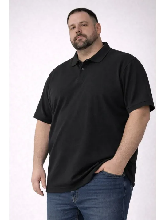 Erkek Pike Kumaş Düğmeli Yaka Battal Büyük Beden Günlük Kısa Kol Tişört T-shirt - Siyah