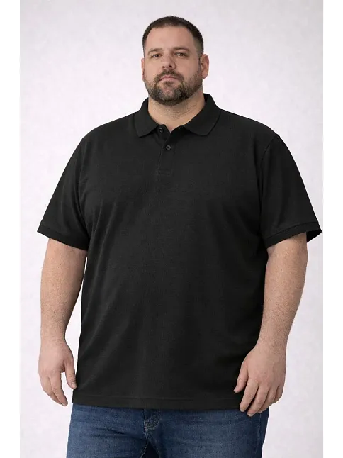 Erkek Pike Kumaş Düğmeli Yaka Battal Büyük Beden Günlük Kısa Kol Tişört T-shirt - Siyah
