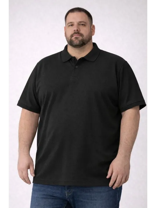 Erkek Pike Kumaş Düğmeli Yaka Battal Büyük Beden Günlük Kısa Kol Tişört T-shirt - Siyah