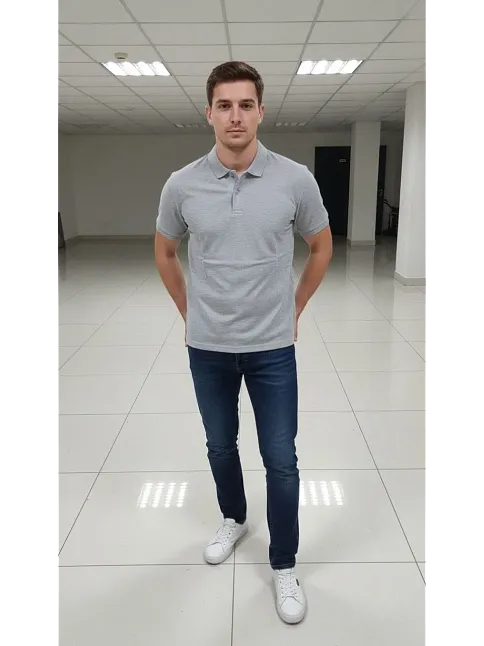 Erkek Pike Kumaş Düğmeli Yaka Regular Fit Günlük Kısa Kol Tişört T-shirt - Gri Erkek Pike Kumaş Düğmeli Yaka Regular Fit Günlük Kısa Kol Tişört T-shirt - Gri