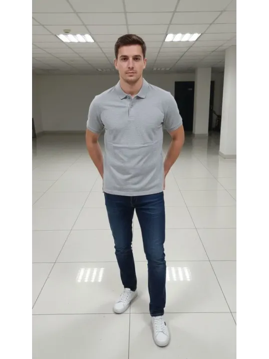 Erkek Pike Kumaş Düğmeli Yaka Regular Fit Günlük Kısa Kol Tişört T-shirt - Gri
