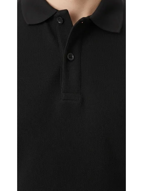 Erkek Pike Kumaş Düğmeli Yaka Regular Fit Günlük Kısa Kol Tişört T-shirt - Siyah