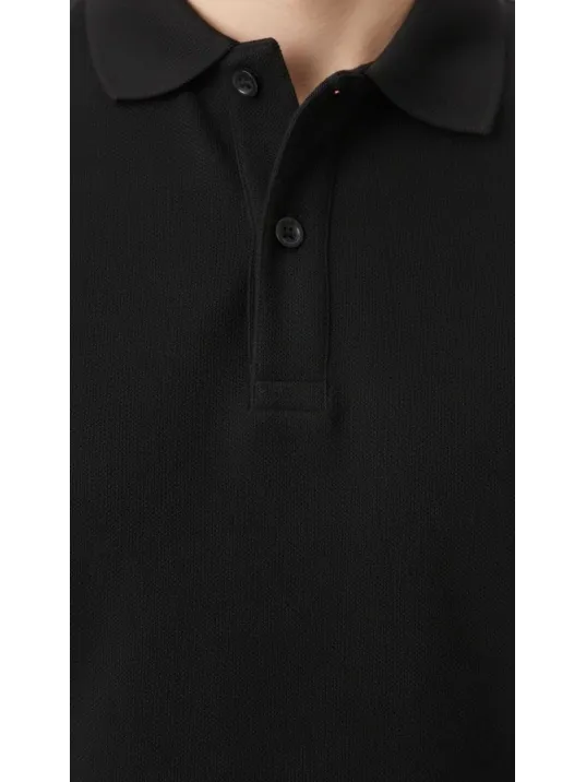 Erkek Pike Kumaş Düğmeli Yaka Regular Fit Günlük Kısa Kol Tişört T-shirt - Siyah