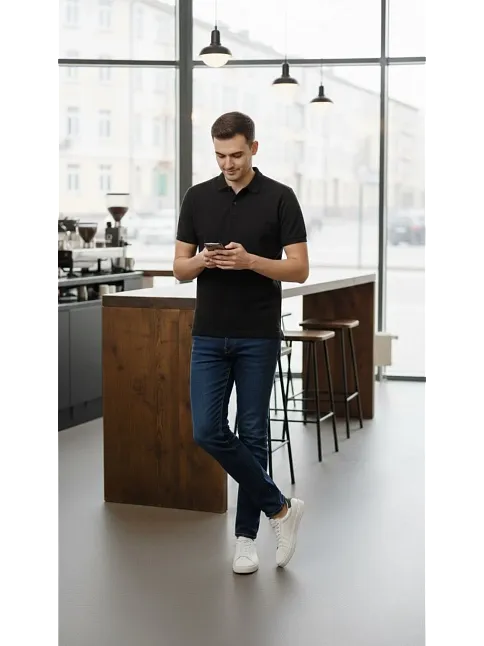 Erkek Pike Kumaş Düğmeli Yaka Regular Fit Günlük Kısa Kol Tişört T-shirt - Siyah