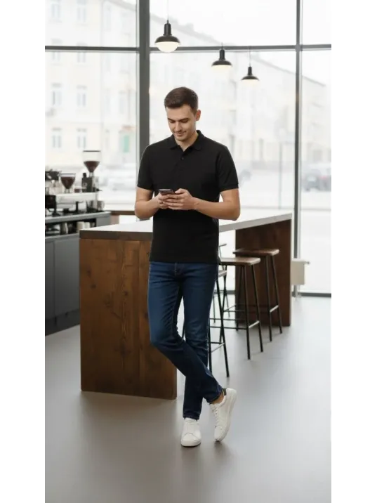 Erkek Pike Kumaş Düğmeli Yaka Regular Fit Günlük Kısa Kol Tişört T-shirt - Siyah