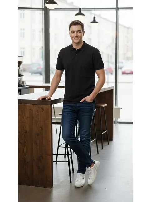 Erkek Pike Kumaş Düğmeli Yaka Regular Fit Günlük Kısa Kol Tişört T-shirt - Siyah
