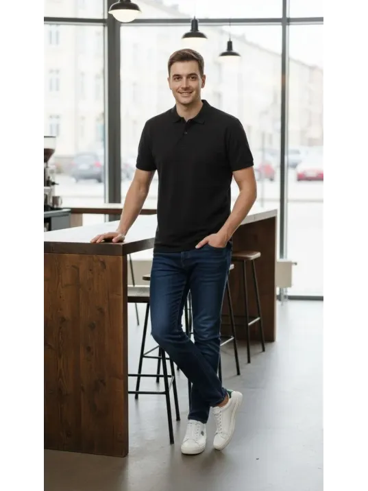 Erkek Pike Kumaş Düğmeli Yaka Regular Fit Günlük Kısa Kol Tişört T-shirt - Siyah