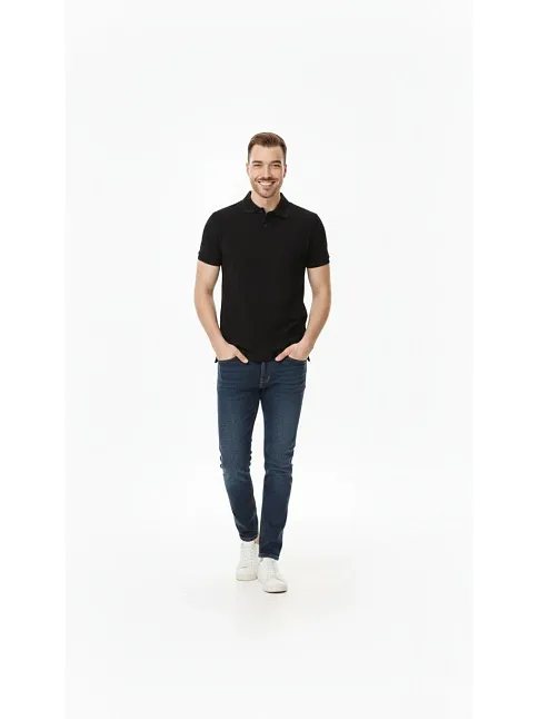 Erkek Pike Kumaş Düğmeli Yaka Regular Fit Günlük Kısa Kol Tişört T-shirt - Siyah