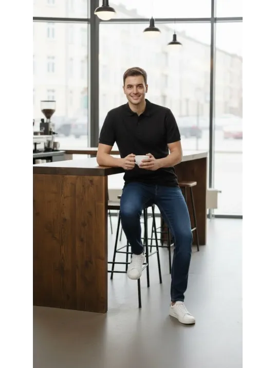 Erkek Pike Kumaş Düğmeli Yaka Regular Fit Günlük Kısa Kol Tişört T-shirt - Siyah