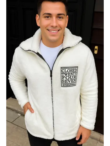 Erkek Polar Fermuarlı Sweatshirt – Kapüşonsuz, Cepli, Yumuşak Dokulu, Oversize Rahat Kalıp, Kışlık Sıcak Tutan Fermuarlı Üst - Beyaz