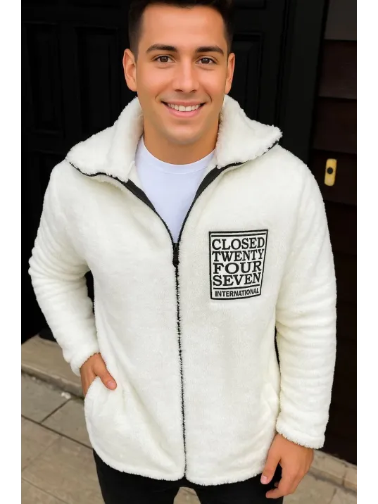 Erkek Polar Fermuarlı Sweatshirt – Kapüşonsuz, Cepli, Yumuşak Dokulu, Oversize Rahat Kalıp, Kışlık Sıcak Tutan Fermuarlı Üst - Beyaz