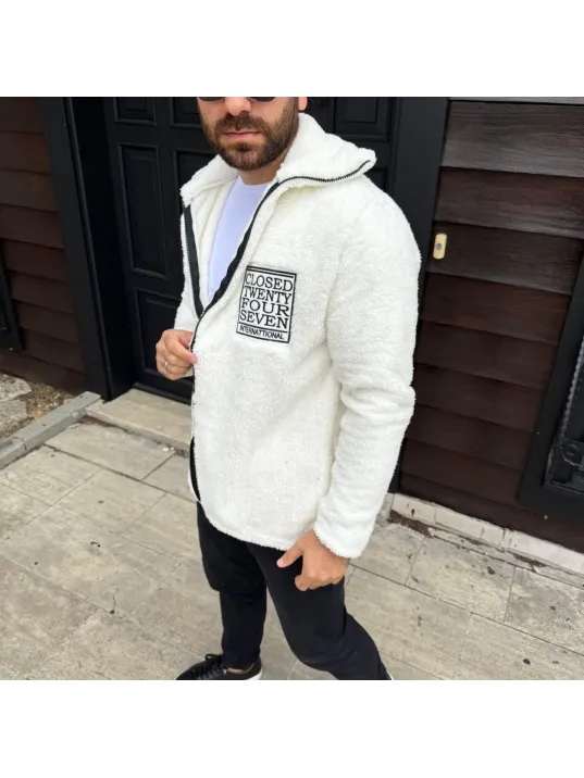 Erkek Polar Fermuarlı Sweatshirt – Kapüşonsuz, Cepli, Yumuşak Dokulu, Oversize Rahat Kalıp, Kışlık Sıcak Tutan Fermuarlı Üst - Beyaz