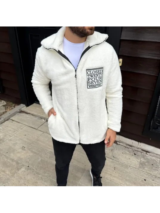 Erkek Polar Fermuarlı Sweatshirt – Kapüşonsuz, Cepli, Yumuşak Dokulu, Oversize Rahat Kalıp, Kışlık Sıcak Tutan Fermuarlı Üst - Beyaz