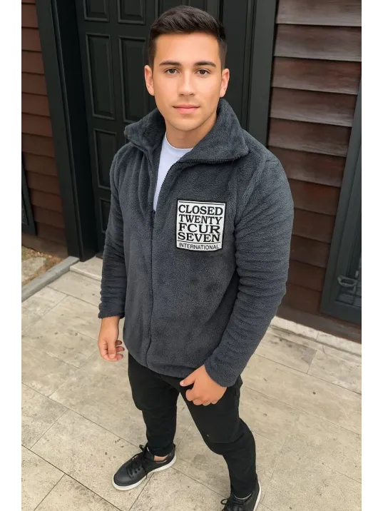 Erkek Polar Fermuarlı Sweatshirt – Kapüşonsuz, Cepli, Yumuşak Dokulu, Oversize Rahat Kalıp, Kışlık Sıcak Tutan Fermuarlı Üst - Füme