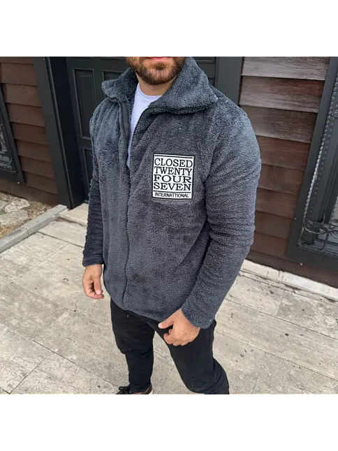 Erkek Polar Fermuarlı Sweatshirt – Kapüşonsuz, Cepli, Yumuşak Dokulu, Oversize Rahat Kalıp, Kışlık Sıcak Tutan Fermuarlı Üst - Füme