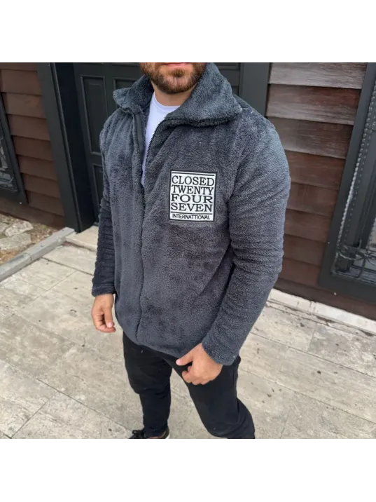 Erkek Polar Fermuarlı Sweatshirt – Kapüşonsuz, Cepli, Yumuşak Dokulu, Oversize Rahat Kalıp, Kışlık Sıcak Tutan Fermuarlı Üst - Füme