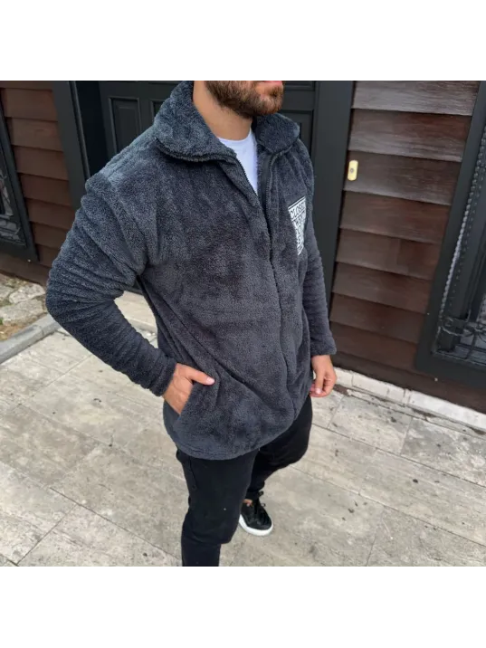 Erkek Polar Fermuarlı Sweatshirt – Kapüşonsuz, Cepli, Yumuşak Dokulu, Oversize Rahat Kalıp, Kışlık Sıcak Tutan Fermuarlı Üst - Füme