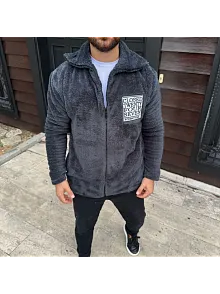 Erkek Polar Fermuarlı Sweatshirt – Kapüşonsuz, Cepli, Yumuşak Dokulu, Oversize Rahat Kalıp, Kışlık Sıcak Tutan Fermuarlı Üst - Füme