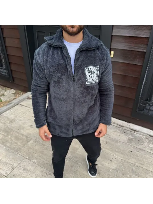 Erkek Polar Fermuarlı Sweatshirt – Kapüşonsuz, Cepli, Yumuşak Dokulu, Oversize Rahat Kalıp, Kışlık Sıcak Tutan Fermuarlı Üst - Füme