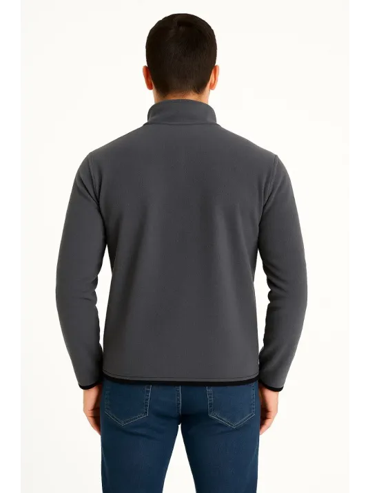 Erkek Polar Kazak – Dik Yaka, Yarım Fermuarlı, Fermuarlı Göğüs Cepli, Siyah Biyeli, Kışlık Rahat Regular Fit Günlük Model - Füme