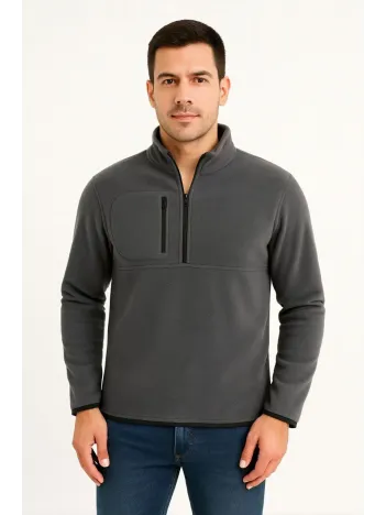 Erkek Polar Kazak – Dik Yaka, Yarım Fermuarlı, Fermuarlı Göğüs Cepli, Siyah Biyeli, Kışlık Rahat Regular Fit Günlük Model - Füme