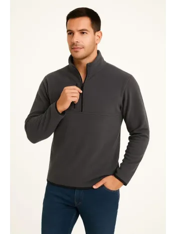 Erkek Polar Kazak – Dik Yaka, Yarım Fermuarlı, Fermuarlı Göğüs Cepli, Siyah Biyeli, Kışlık Rahat Regular Fit Günlük Model - Füme