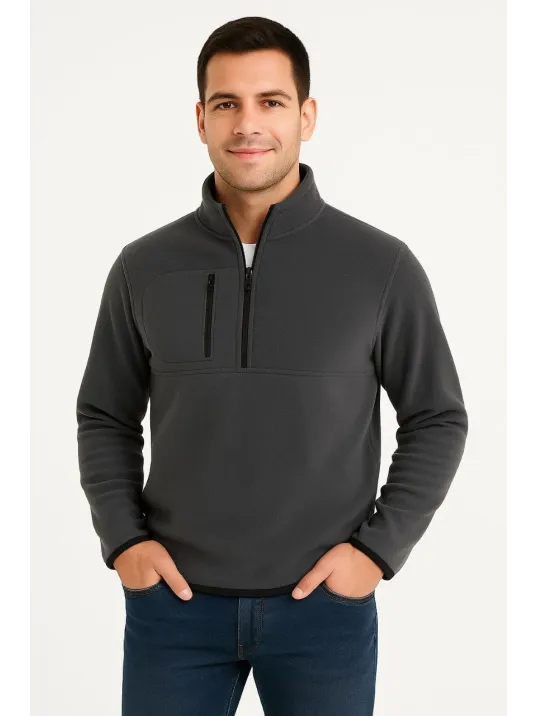 Erkek Polar Kazak – Dik Yaka, Yarım Fermuarlı, Fermuarlı Göğüs Cepli, Siyah Biyeli, Kışlık Rahat Regular Fit Günlük Model - Füme