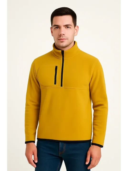 Erkek Polar Kazak – Dik Yaka, Yarım Fermuarlı, Fermuarlı Göğüs Cepli, Siyah Biyeli, Kışlık Rahat Regular Fit Günlük Model - Sarı Erkek Polar Kazak – Dik Yaka, Yarım Fermuarlı, Fermuarlı Göğüs Cepli, Siyah Biyeli, Kışlık Rahat Regular Fit Günlük Model - Sarı