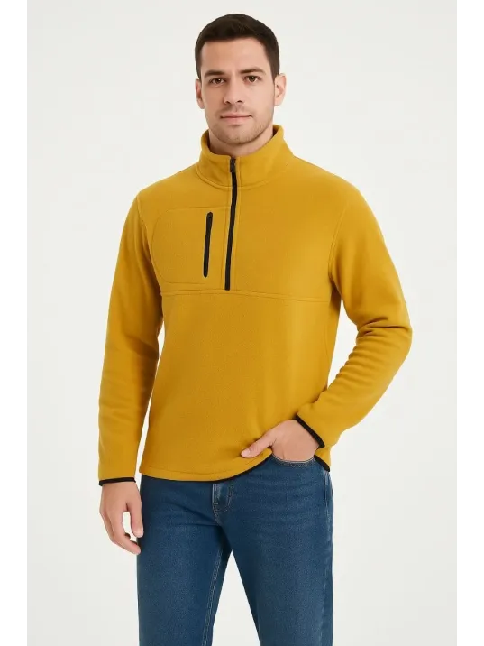 Erkek Polar Kazak – Dik Yaka, Yarım Fermuarlı, Fermuarlı Göğüs Cepli, Siyah Biyeli, Kışlık Rahat Regular Fit Günlük Model - Sarı Erkek Polar Kazak – Dik Yaka, Yarım Fermuarlı, Fermuarlı Göğüs Cepli, Siyah Biyeli, Kışlık Rahat Regular Fit Günlük Model - Sarı