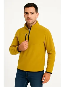 Erkek Polar Kazak – Dik Yaka, Yarım Fermuarlı, Fermuarlı Göğüs Cepli, Siyah Biyeli, Kışlık Rahat Regular Fit Günlük Model - Sarı