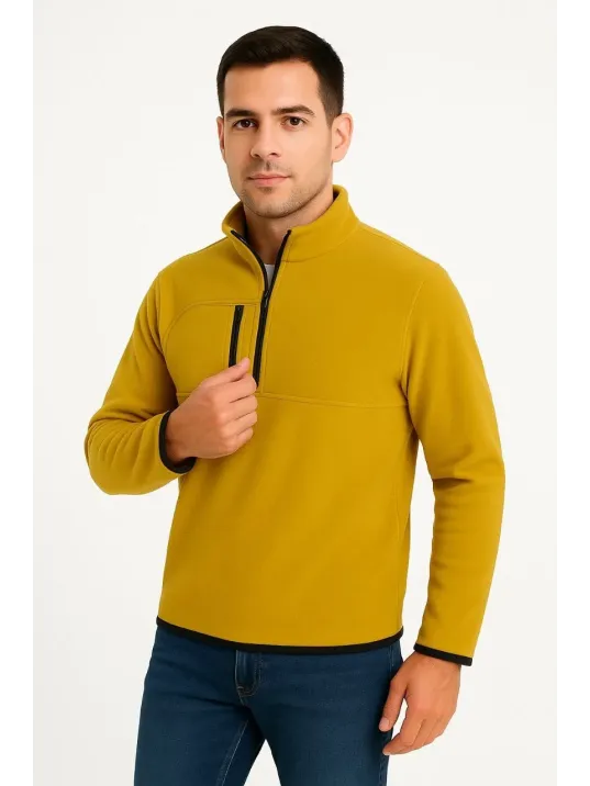 Erkek Polar Kazak – Dik Yaka, Yarım Fermuarlı, Fermuarlı Göğüs Cepli, Siyah Biyeli, Kışlık Rahat Regular Fit Günlük Model - Sarı Erkek Polar Kazak – Dik Yaka, Yarım Fermuarlı, Fermuarlı Göğüs Cepli, Siyah Biyeli, Kışlık Rahat Regular Fit Günlük Model - Sarı