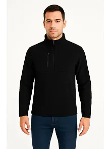 Erkek Polar Kazak – Dik Yaka, Yarım Fermuarlı, Fermuarlı Göğüs Cepli, Siyah Biyeli, Kışlık Rahat Regular Fit Günlük Model - Siyah
