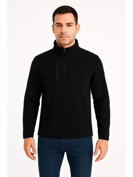 Erkek Polar Kazak – Dik Yaka, Yarım Fermuarlı, Fermuarlı Göğüs Cepli, Siyah Biyeli, Kışlık Rahat Regular Fit Günlük Model - Siyah Erkek Polar Kazak – Dik Yaka, Yarım Fermuarlı, Fermuarlı Göğüs Cepli, Siyah Biyeli, Kışlık Rahat Regular Fit Günlük Model - Siyah