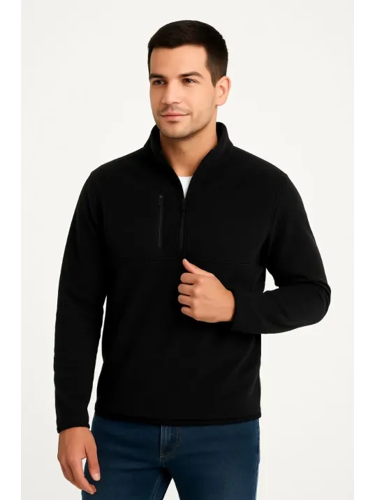Erkek Polar Kazak – Dik Yaka, Yarım Fermuarlı, Fermuarlı Göğüs Cepli, Siyah Biyeli, Kışlık Rahat Regular Fit Günlük Model - Siyah Erkek Polar Kazak – Dik Yaka, Yarım Fermuarlı, Fermuarlı Göğüs Cepli, Siyah Biyeli, Kışlık Rahat Regular Fit Günlük Model - Siyah
