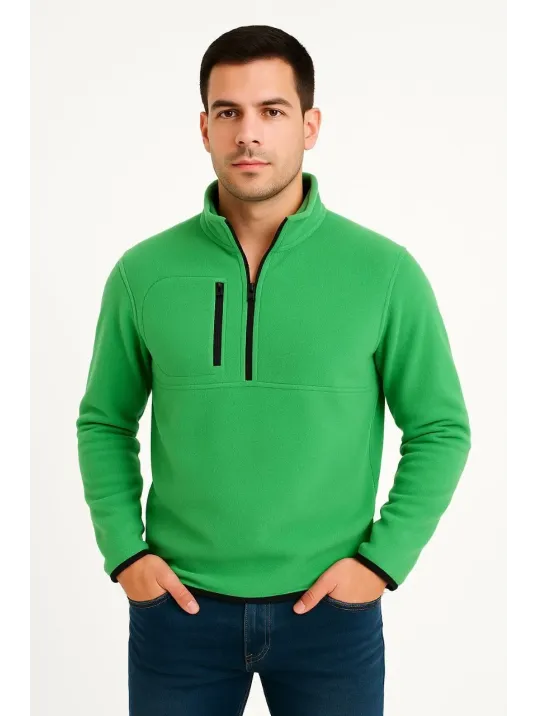 Erkek Polar Kazak – Dik Yaka, Yarım Fermuarlı, Fermuarlı Göğüs Cepli, Siyah Biyeli, Kışlık Rahat Regular Fit Günlük Model - Yeşil Erkek Polar Kazak – Dik Yaka, Yarım Fermuarlı, Fermuarlı Göğüs Cepli, Siyah Biyeli, Kışlık Rahat Regular Fit Günlük Model - Yeşil