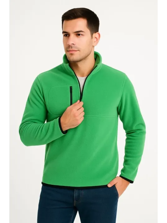 Erkek Polar Kazak – Dik Yaka, Yarım Fermuarlı, Fermuarlı Göğüs Cepli, Siyah Biyeli, Kışlık Rahat Regular Fit Günlük Model - Yeşil Erkek Polar Kazak – Dik Yaka, Yarım Fermuarlı, Fermuarlı Göğüs Cepli, Siyah Biyeli, Kışlık Rahat Regular Fit Günlük Model - Yeşil