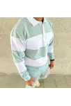 Erkek Polo Yaka Uzun Kollu Çizgili Sweatshirt Trend Rugby Stil - Çağla Yeşili