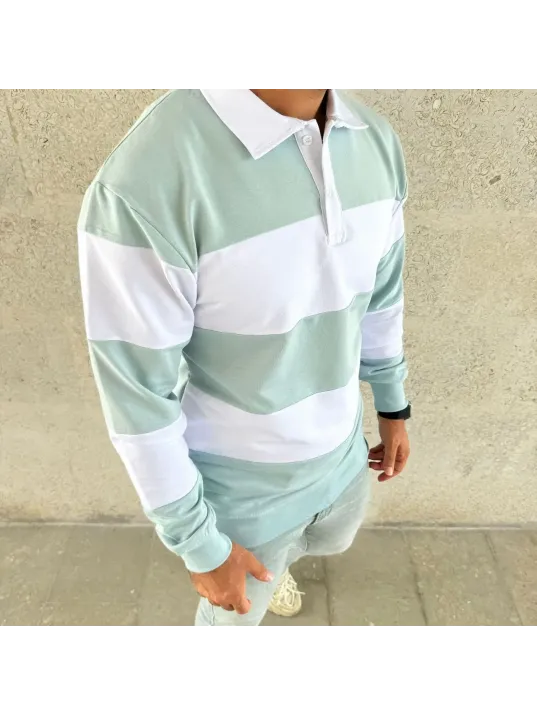Erkek Polo Yaka Uzun Kollu Çizgili Sweatshirt Trend Rugby Stil - Çağla Yeşili Erkek Polo Yaka Uzun Kollu Çizgili Sweatshirt Trend Rugby Stil - Çağla Yeşili