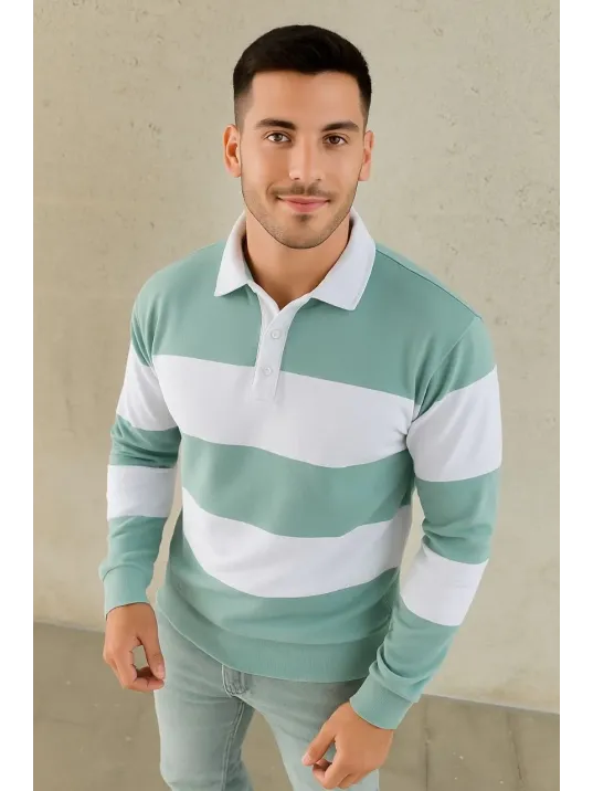 Erkek Polo Yaka Uzun Kollu Çizgili Sweatshirt Trend Rugby Stil - Çağla Yeşili Erkek Polo Yaka Uzun Kollu Çizgili Sweatshirt Trend Rugby Stil - Çağla Yeşili