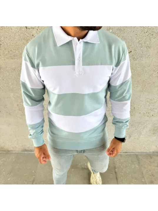 Erkek Polo Yaka Uzun Kollu Çizgili Sweatshirt Trend Rugby Stil - Çağla Yeşili Erkek Polo Yaka Uzun Kollu Çizgili Sweatshirt Trend Rugby Stil - Çağla Yeşili