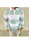 Erkek Polo Yaka Uzun Kollu Çizgili Sweatshirt Trend Rugby Stil - Çağla Yeşili