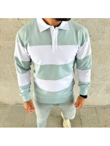 Erkek Polo Yaka Uzun Kollu Çizgili Sweatshirt Trend Rugby Stil - Çağla Yeşili Erkek Polo Yaka Uzun Kollu Çizgili Sweatshirt Trend Rugby Stil - Çağla Yeşili