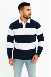 Erkek Polo Yaka Uzun Kollu Çizgili Sweatshirt Trend Rugby Stil - Lacivert