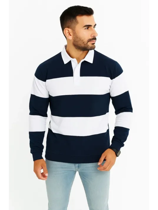 Erkek Polo Yaka Uzun Kollu Çizgili Sweatshirt Trend Rugby Stil - Lacivert Erkek Polo Yaka Uzun Kollu Çizgili Sweatshirt Trend Rugby Stil - Lacivert
