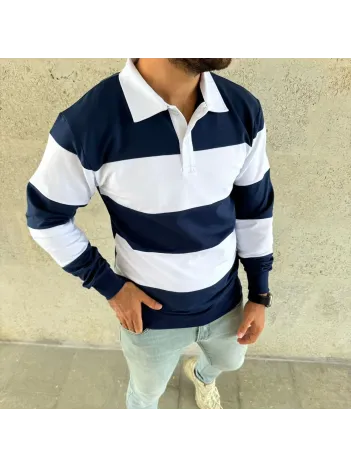 Erkek Polo Yaka Uzun Kollu Çizgili Sweatshirt Trend Rugby Stil - Lacivert Erkek Polo Yaka Uzun Kollu Çizgili Sweatshirt Trend Rugby Stil - Lacivert