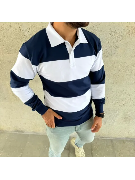 Erkek Polo Yaka Uzun Kollu Çizgili Sweatshirt Trend Rugby Stil - Lacivert Erkek Polo Yaka Uzun Kollu Çizgili Sweatshirt Trend Rugby Stil - Lacivert